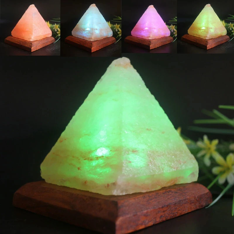 USB Salt Lamp Triangle Hand Carved Purifier Led Night Light Wooden Base Bedroom Lava Lamp Luminarias