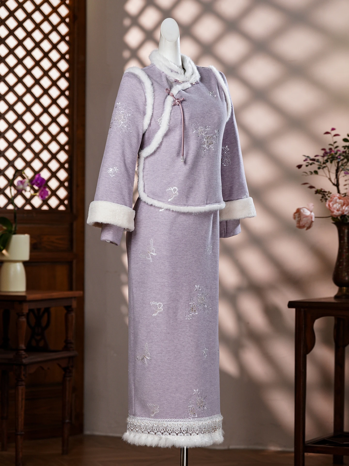طقم رداء شتوي بنفسجي من الصوف السميك، تصميم صيني جديد، للارتداء اليومي، أنيق وبسيط، وصول جديد 2025، رداء طويل