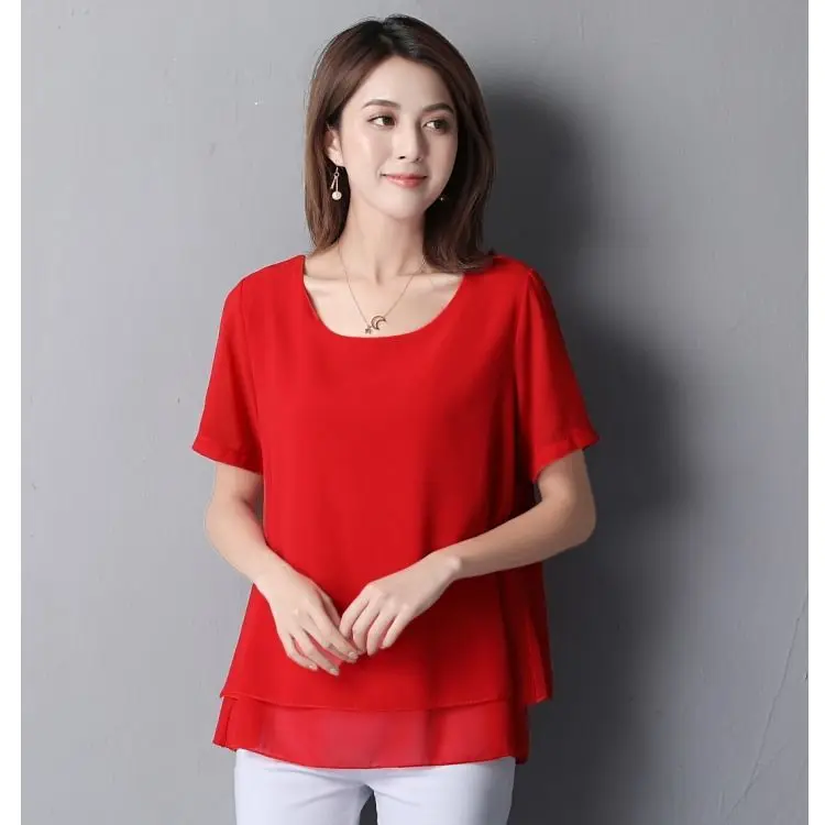 Women Chiffon Shirt Loose Plus Size Blouse Ladies Summer Style O-Neck Short-Sleeved Female Tops 5xl 6xl