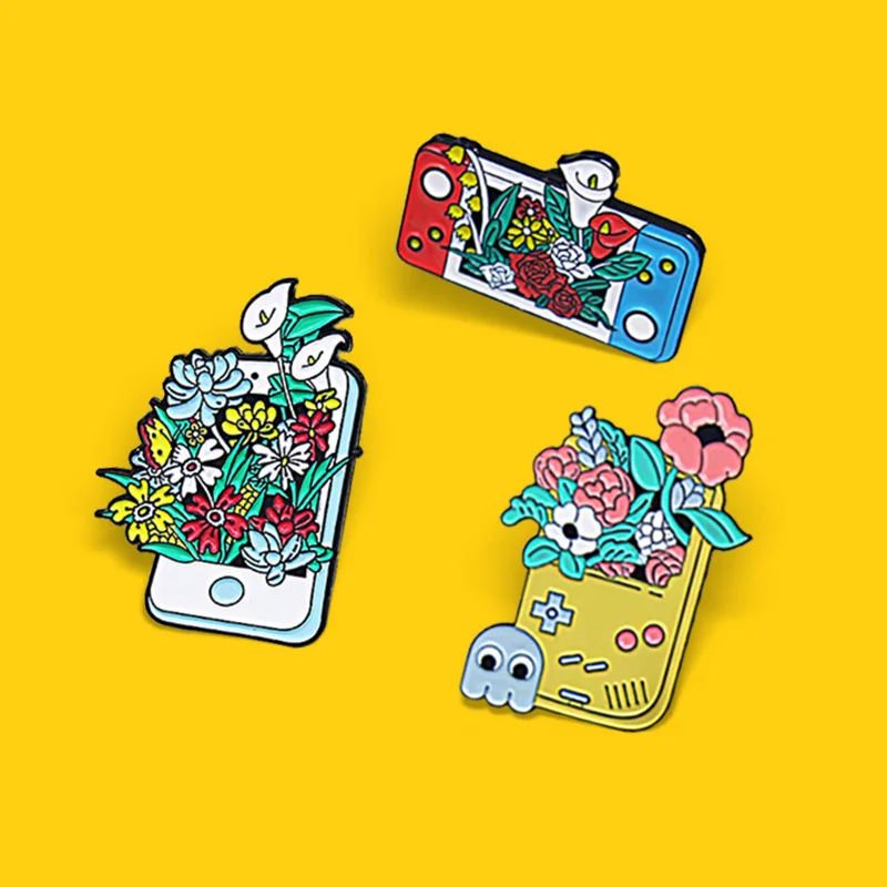 

Flowers Plants Game machines Enamel Pins Gamepad Mobile Phone Handset Jewelry Brooches Shirt Badges Lapel Gifts For Friends