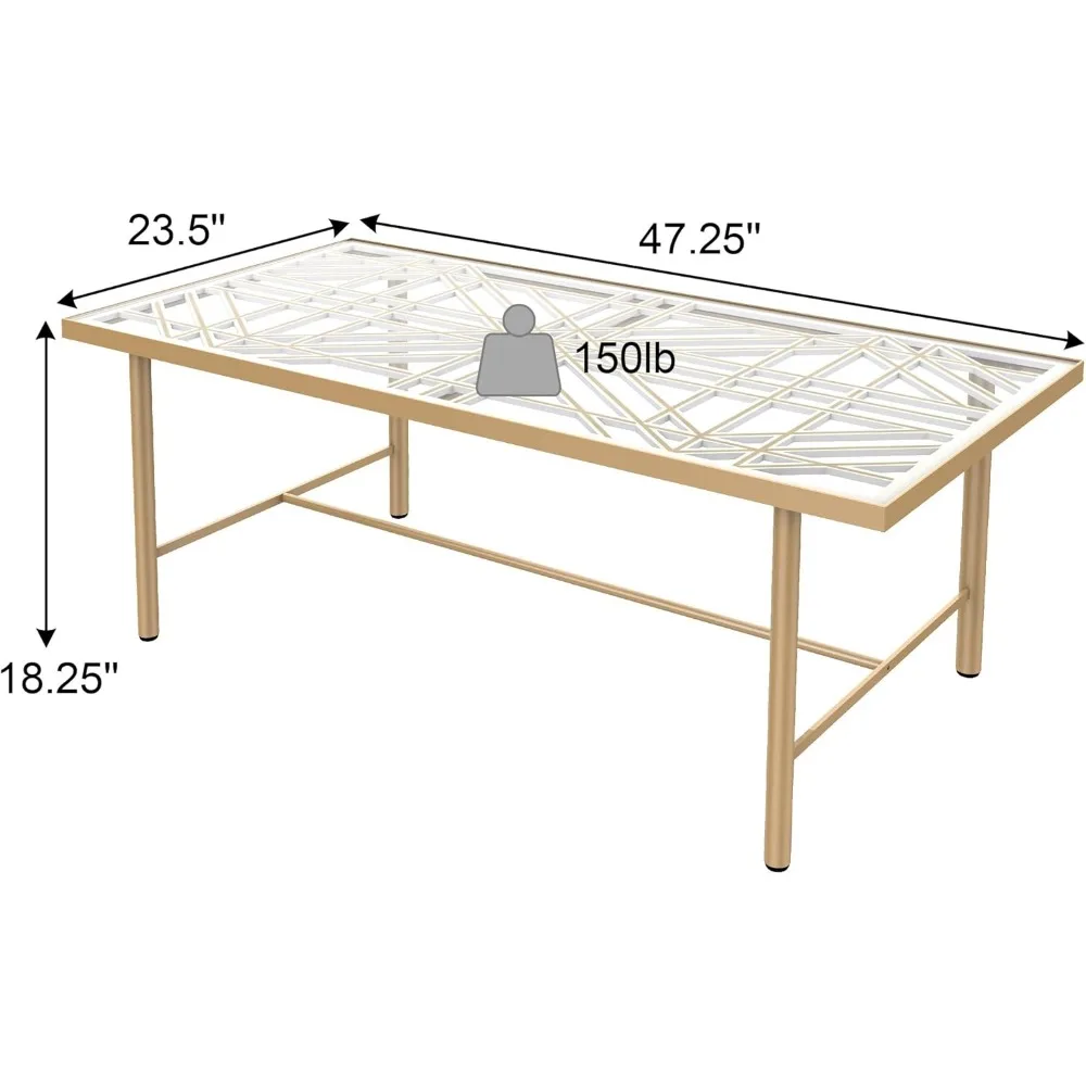 Table basse rectangulaire en verre, table basse moderne avec planche en bois sculptée évidée en 3D, table basse dorée de salon