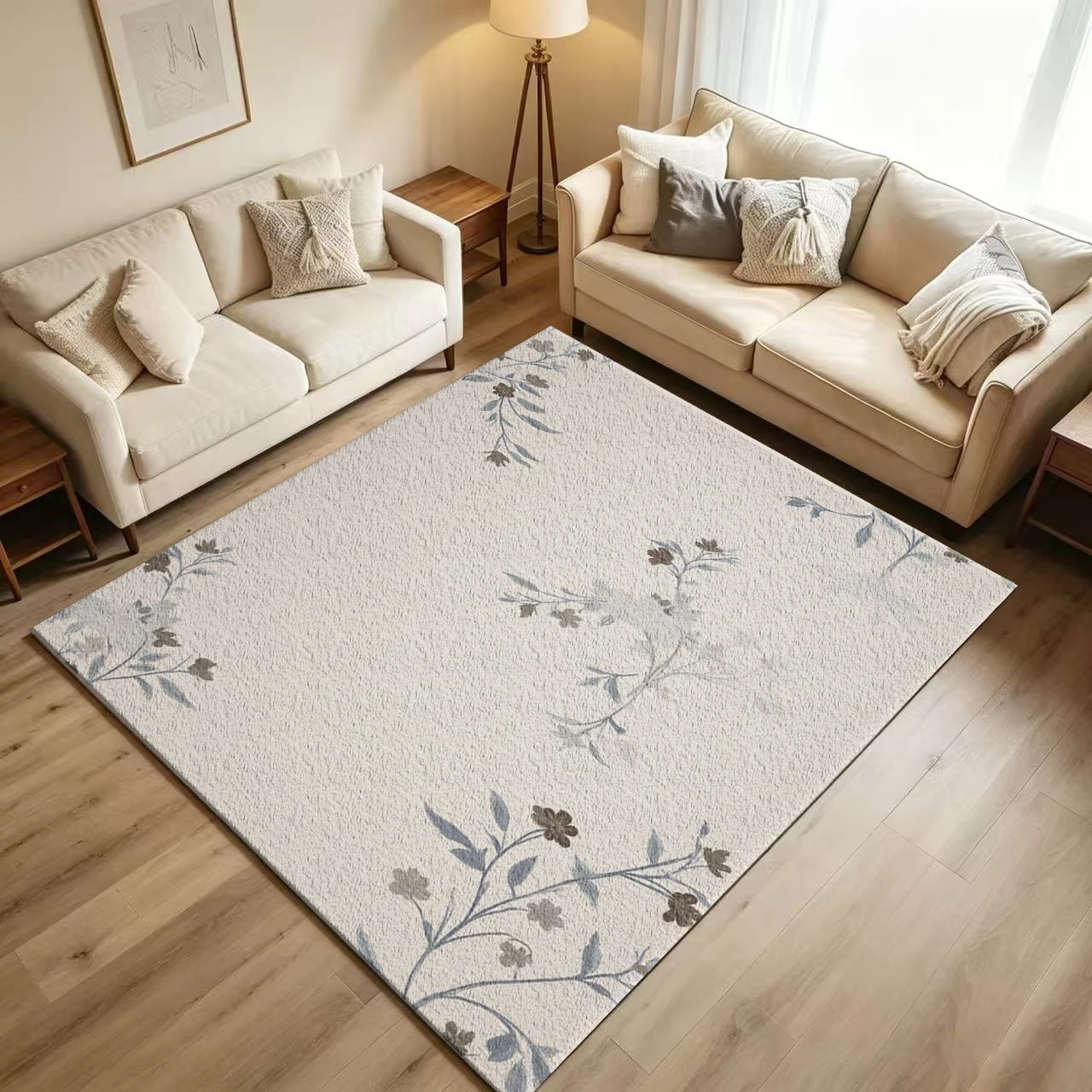 Vintage Blue Brown Branch Floral Carpet Flooring Soft Delicate Twig Flower Seamless Pattern Printed Floor Rug for Household Indoor Aesthetic Home Decoration