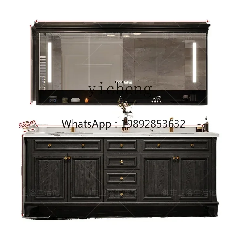 

bathroom cabinet, bathroom, solid wood combination floor-to-ceiling rock slab double basin, intelligent washing table.