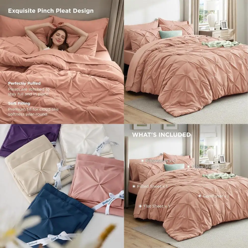 

Комплект постельного белья цвета пыльной розы (7 предметов): одеяло с плиссировкой, простыни, наволочки и декоративные наволочки для всей семьи