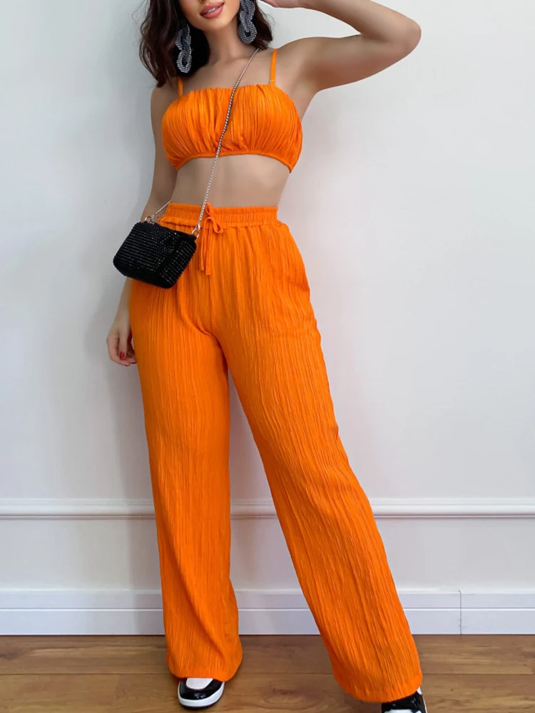 

Elatic Waist Wide Leg Pants Matching Sets 2023 Women Summer Solid Loungewear Hollow Out Backless Outfit Streetwear Dropshipping