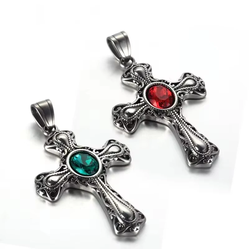 Vintage Cross Necklace Vintage Pattern Red Zirconia Stainless Steel Cross Stone Retro Pendant Stone Jewelry For Men Party Gift