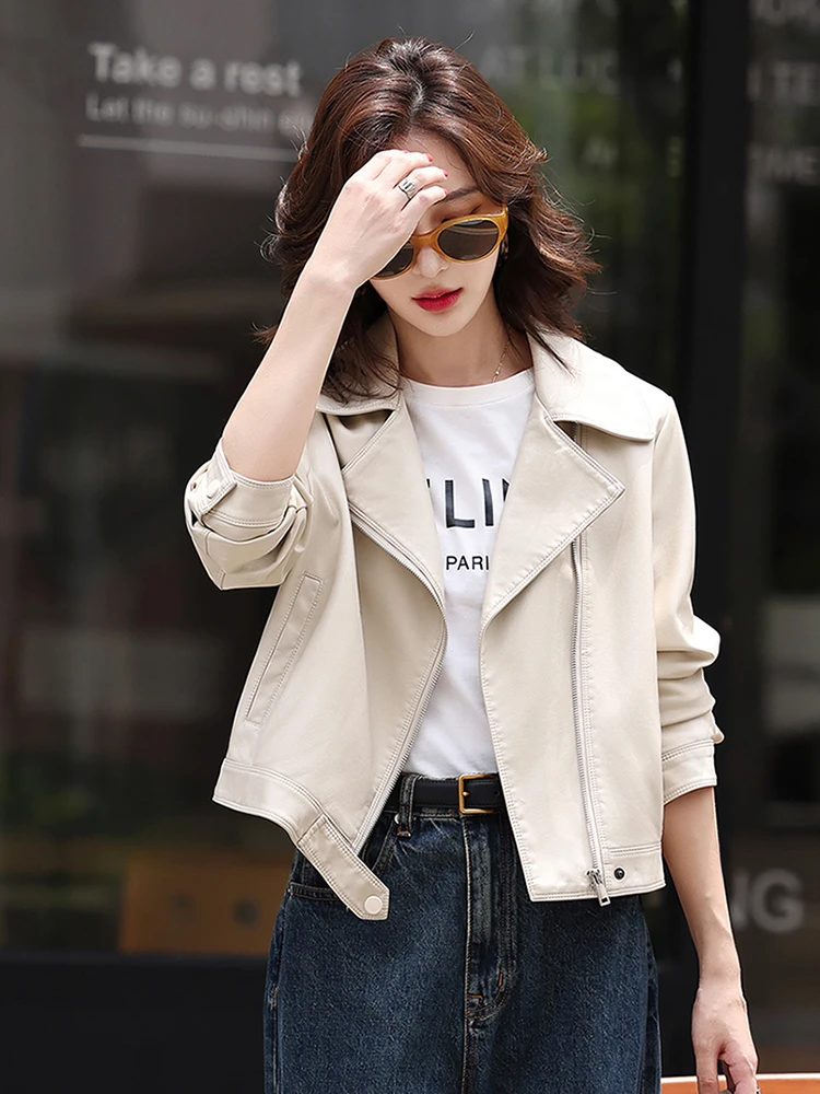 Giacca da donna in vera pelle di pecora, vestibilità ampia, stile biker, premium, con cerniera, per il pendolarismo, Collezione Autunno 2025