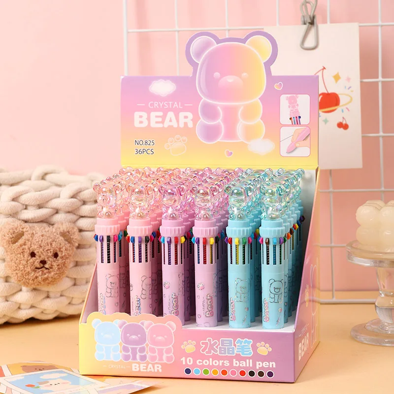 

36pcs 10 Colors Cute Crystal Bear Ballpoint Pen Kawaii Cartoon Multi-Color Rollerball Pens Painting Mark Writing Stationery