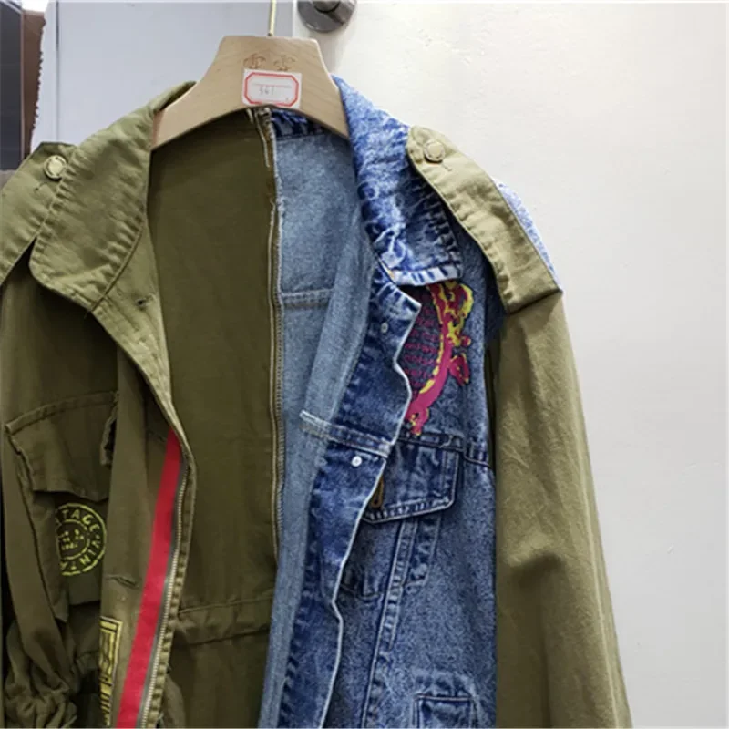 Autumn Women Army Green Patchwork Print Denim Jacket Loose Short Cowboy Outerwear Chaqueta Mujer Big Pocket Jeans Jacket Female