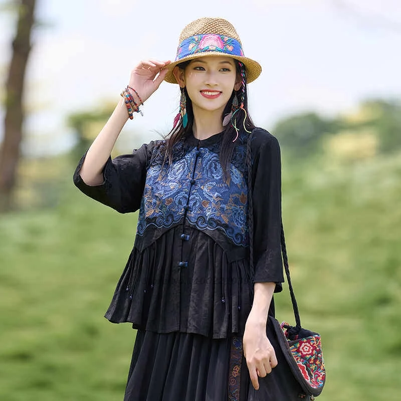 2026 chinese ethnic blouse national flower embroidery traditional patchwork cardigan retro hanfu top oriental vintage blouse