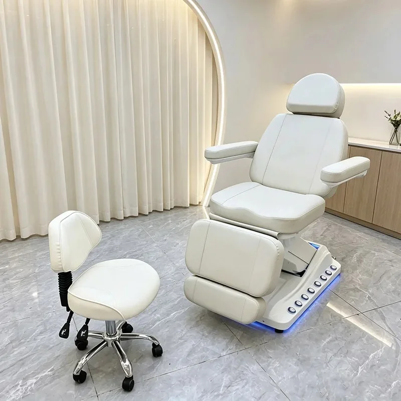 Luxury White 3 Motor Electric Beauty Chair With LED Light Base Adjustable Reclining Lash Tattoo Facial Spa Bed