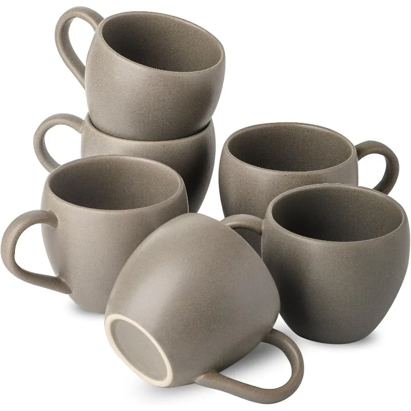 Juego de tazas de café de cerámica, tazas de café grandes de 16 oz, juego de 6 tazas con mango grande para capuchino, cacao, cereales, lindas tazas de café Latte, gris