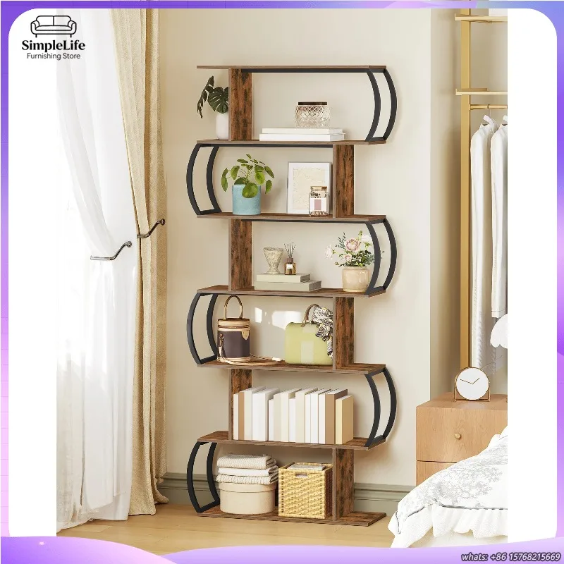 6-tier-brown-bookcase-iron-and-wood-display-shelf-s-shape-living-room-study-room-storage-unit-modern-minimalist-home-office
