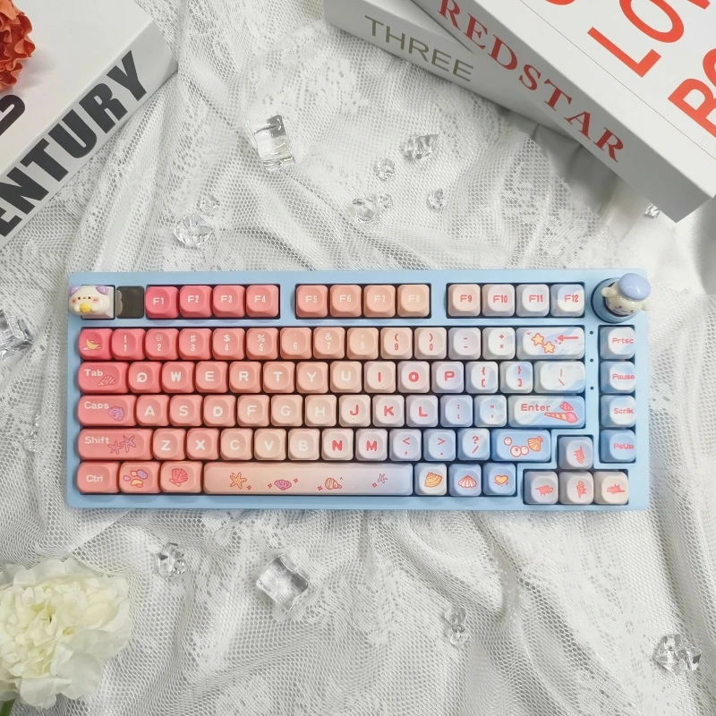 131 Keys/set Dream Beach Keycaps PBT Dye Sublimation Cartoon Cute Key Caps QX3 Profile Lightproof Keycap Blue Pink Gradient