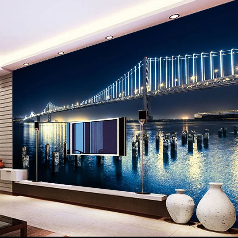 Customized Mural WallPaper Beautiful City Night View Yangtze River Bridge 3D Cafe Living room sofa TV background wall bedroom 8d