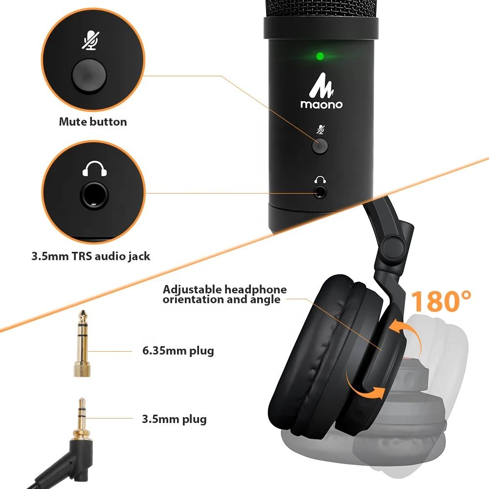 MAONO Studio USB Microphone With Real Time Monitor Headphones for Live Recording With Computer Podcast Gaming Microphone Kit