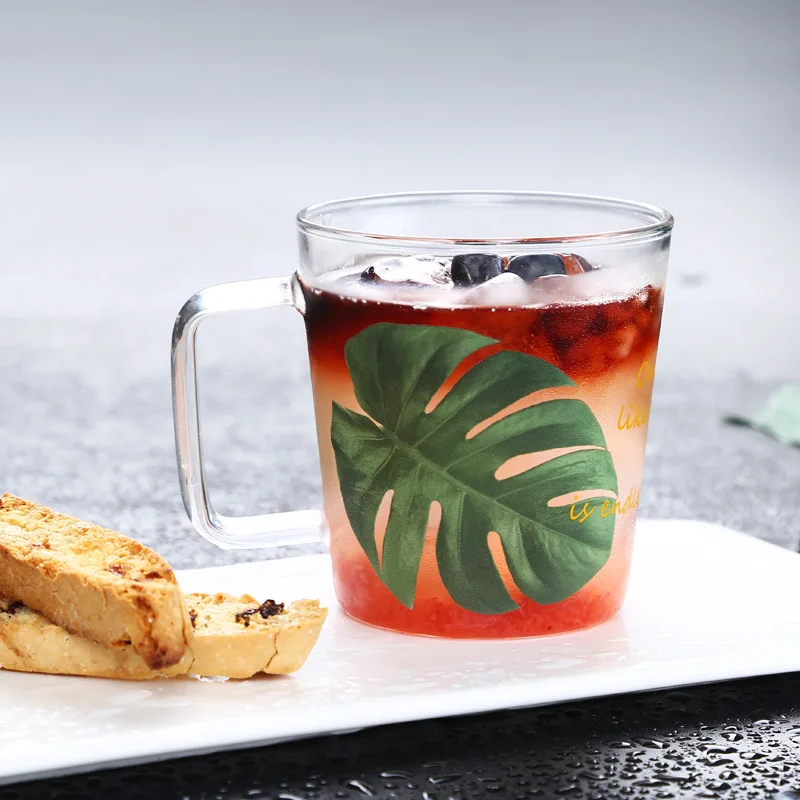 Heat Resisting Glass Mug, Breakfast Milk Cup, Heatable, Drinkware for Tea Coffee Water, Creative Nordic Green Leaves Wind