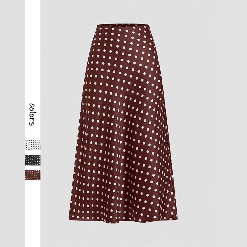 LuxuriousSilkyShiny Skirt Polka Dot Printed Skirt Lightweight Comfortable BohemianFlowy Skirt Hidden Back Zipper Skirts