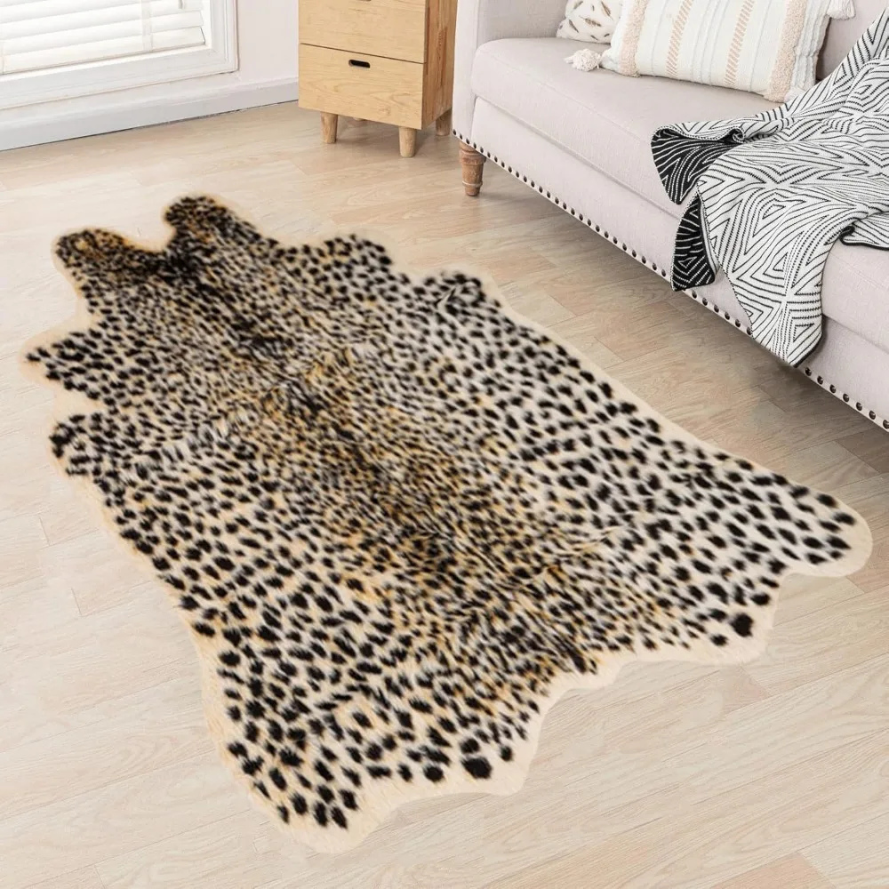 

Leopard Rug Cheetah Rug Animals Printed Hide Mats Faux Fur Cowhide Skin Carpet for Home Office, Livingroom, Bedroom, 5.3ft x 6.6