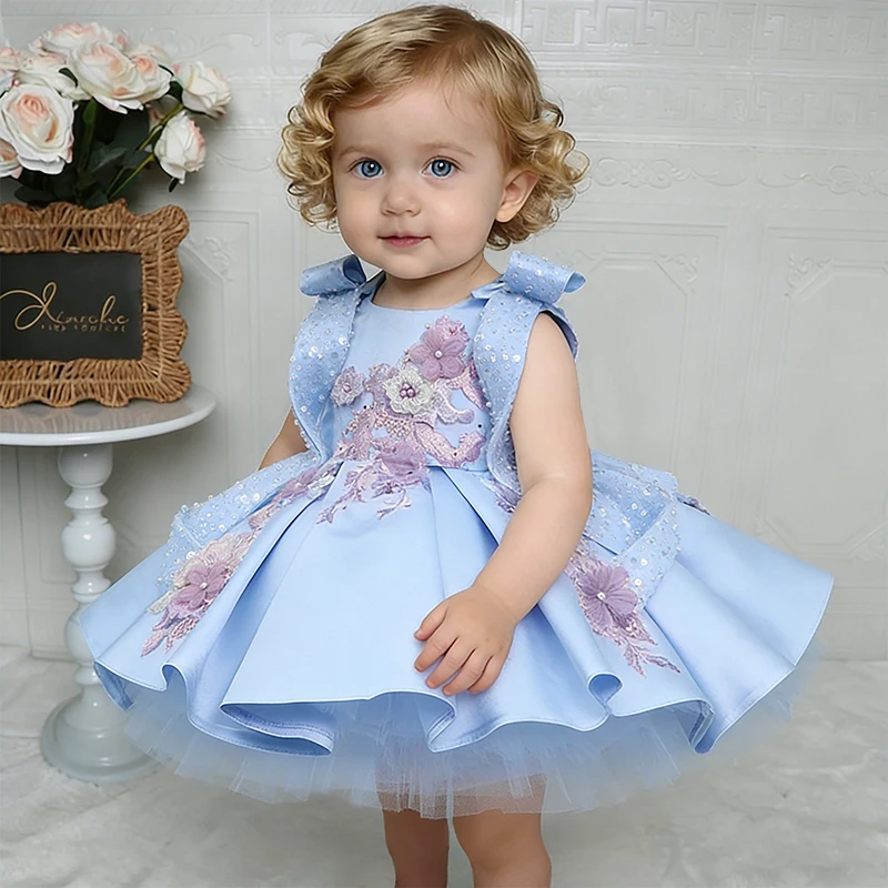 Luxurious and Elegant Girls' First Birthday Dress, White Embroidered Princess Dress, Wedding Party Dress, Baby Christening Dress