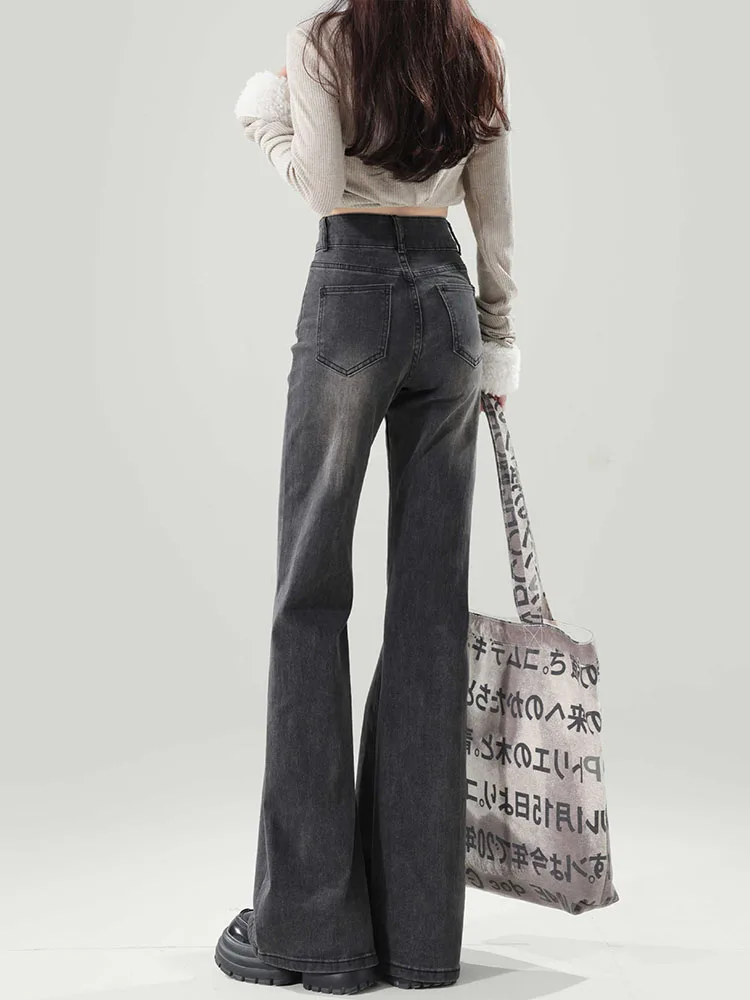 جينز نسائي أمريكي بخصر مرتفع وأرجل واسعة، مقاسات كبيرة، بأزرار مزدوجة، فضفاض ونحيف، بنطلون طويل كاجوال من القطن الدنيم