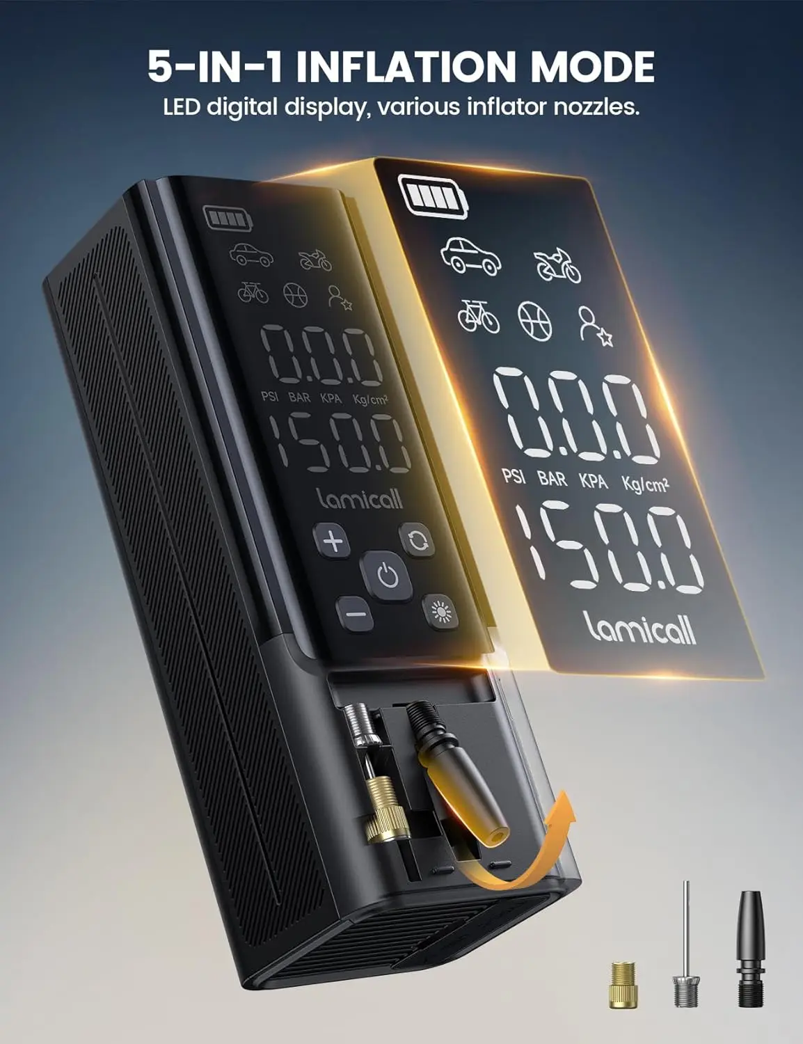 ضاغط هواء محمول لاسلكي 150 رطل لكل بوصة مربعة، مقياس رقمي وإضاءة LED، منفاخ سريع للسيارة والدراجات النارية والدراجة والكرة #5