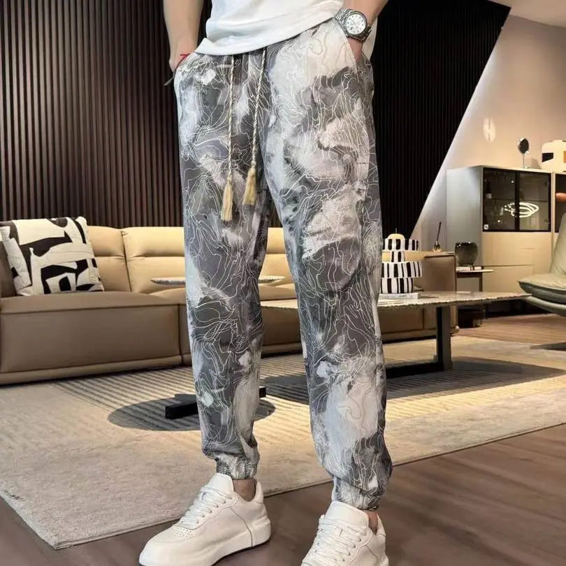 GELITAYIN Tie Dye Loose Casual Harem Pants Man Summer Thin Low Price Stylish Vintage Polyester Aesthetic New In Cropped Trousers
