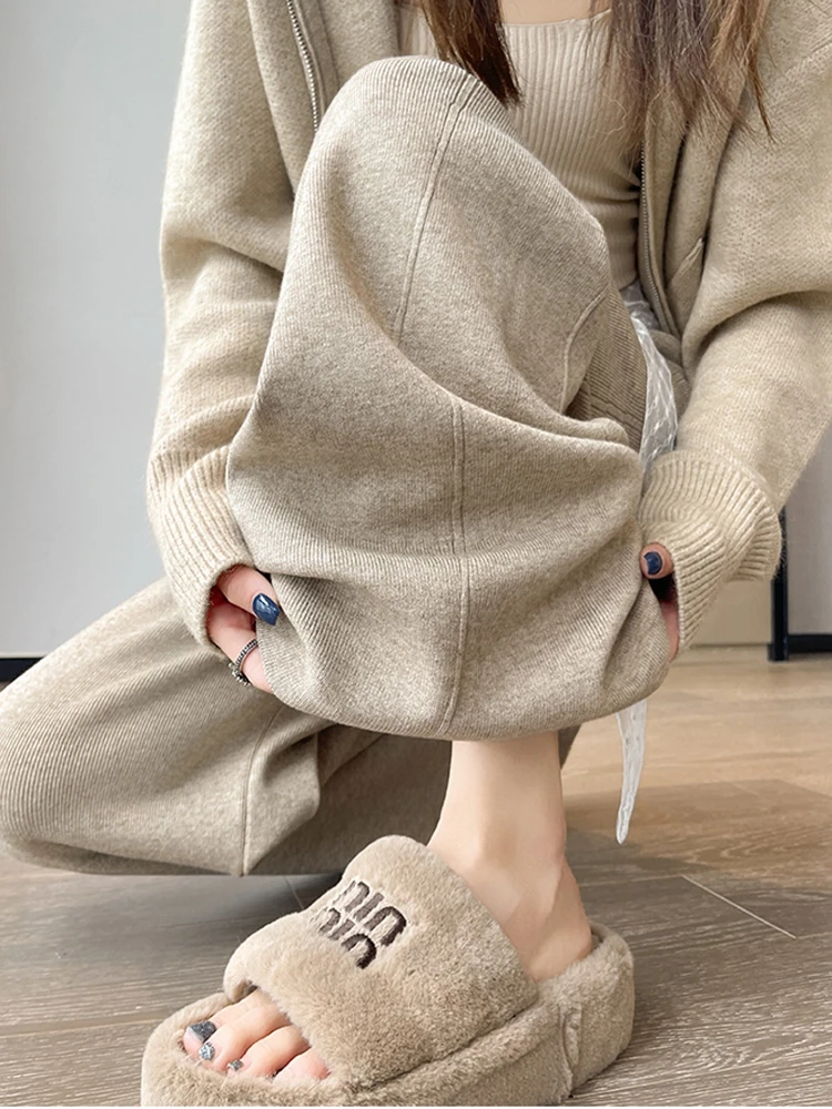 Pantalon tricoté à jambes larges pour femmes, taille haute, élastique, amincissant, décontracté, polyvalent, jambes droites, automne et hiver