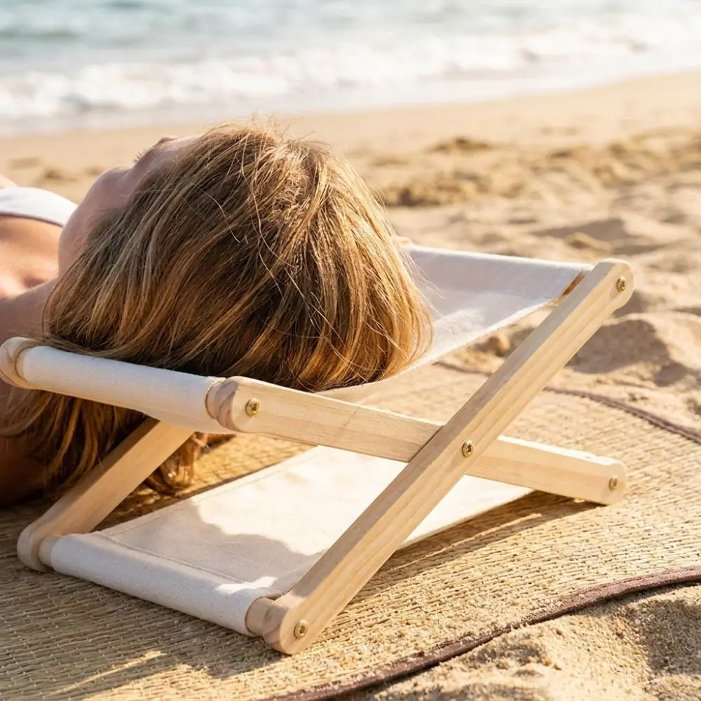 Portable Folding Wooden Beach Pillow Adjustable Height UV Resistant Canvas Lounge Headrest Sunbathing Ergonomic