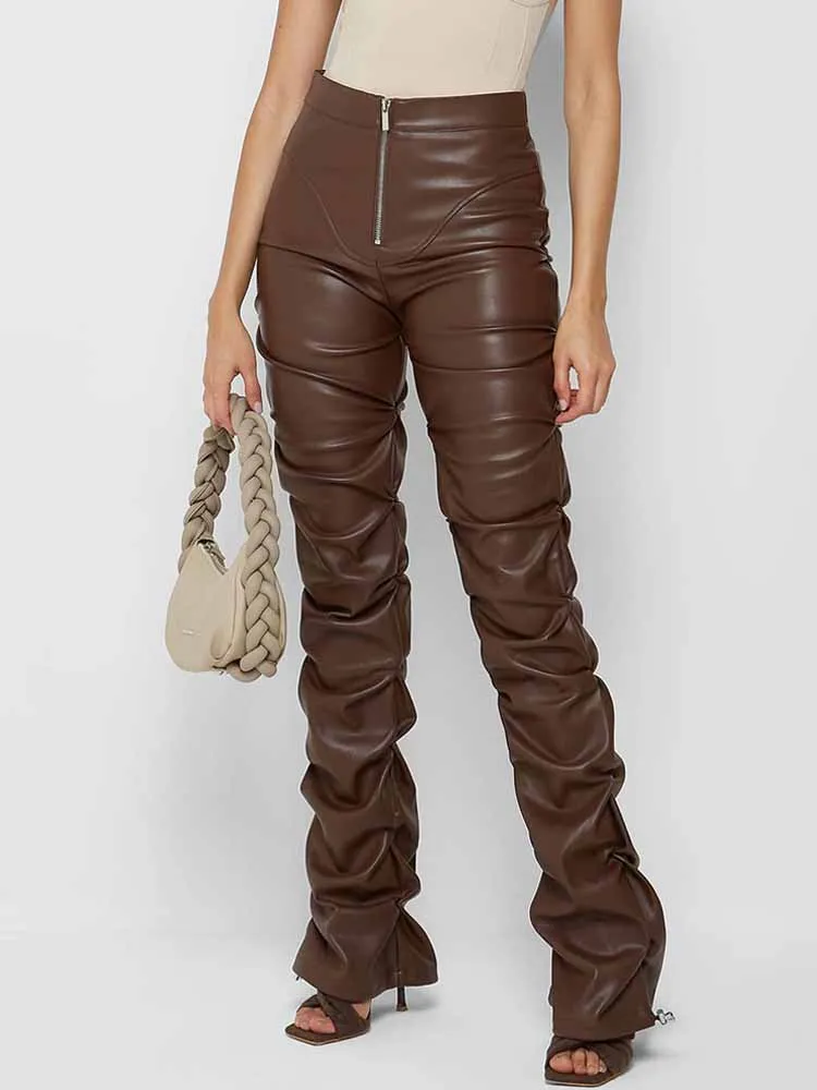 

НОВЫЕ женские брюки-карандаш с высокой талией, на молнии, облегающие, в уличном стиле, из искусственной кожи, длинные, BKQU, шикарные плиссированные кожаные брюки