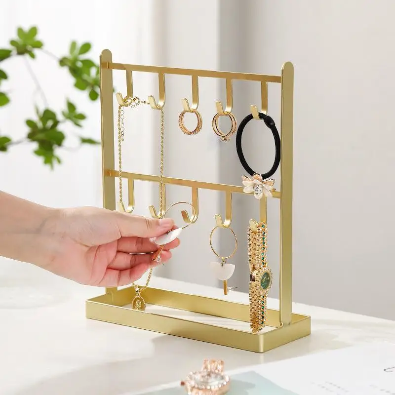 Metal 2 Tier Jewelry Display Stand Earring Necklace Holder Organizer Rack Hooks Tray Desktop Dresser Jewelry Collection Storage