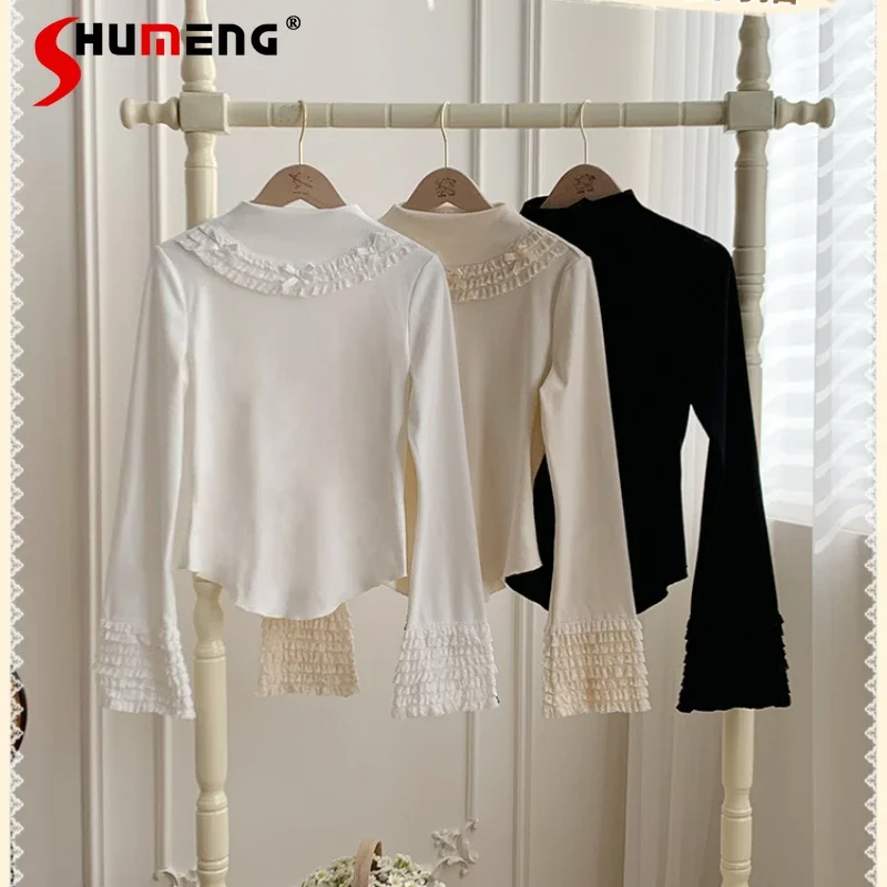 

New Japanese Original Design Long-sleeved Three-color Warm Elastic Knitted Interior Autumn Lolita White Black Bottoming T-shirts