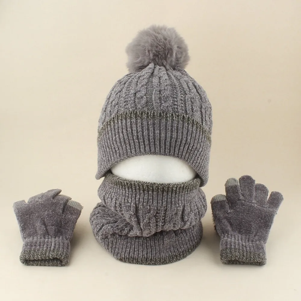 Thicken Knitted Hat Set Knitted Windproof Winter Hat Scarf Gloves Three Piece Set Autumn And Winter Pompom Hat Set