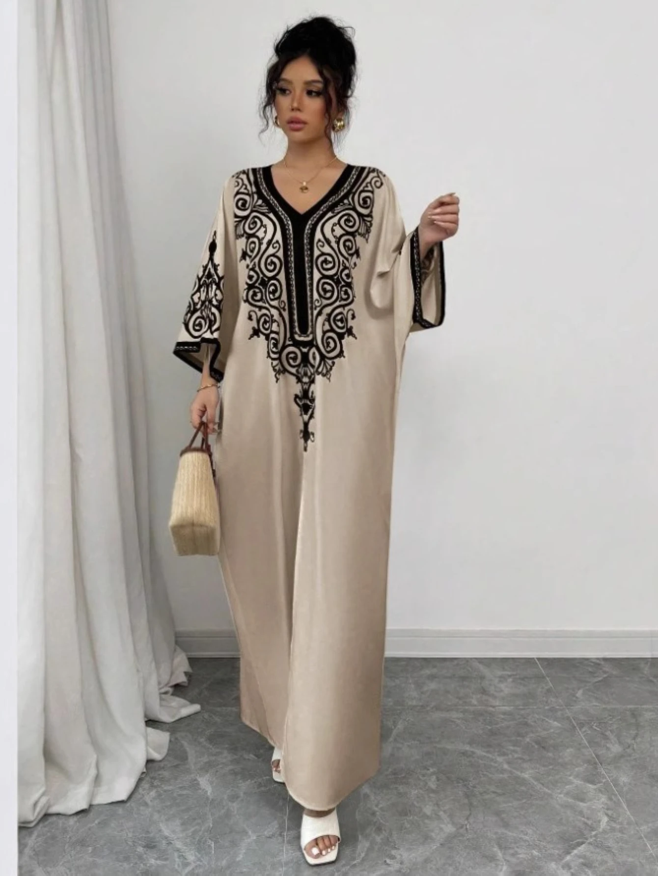 

Eid Women Dress Muslim Abaya V Neck Loose Robe Party Jalabiya Ramadan Long Dresses Vestidos Largos Kaftan Arab Morocco Kaftan