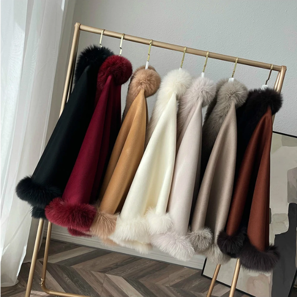 2022 Women Winter Real Cashmere Wool Poncho With 100% Real Fox Fur Trimming Bigger Fox Fur Collar