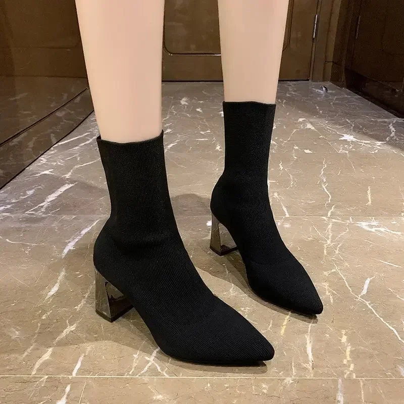 2024 NEW Women\'s Boots 7cm Metal Square Heels Socks Boots Women Beige Casual Stretch Fabric Elastic Pointed Toe Breathable Shoes