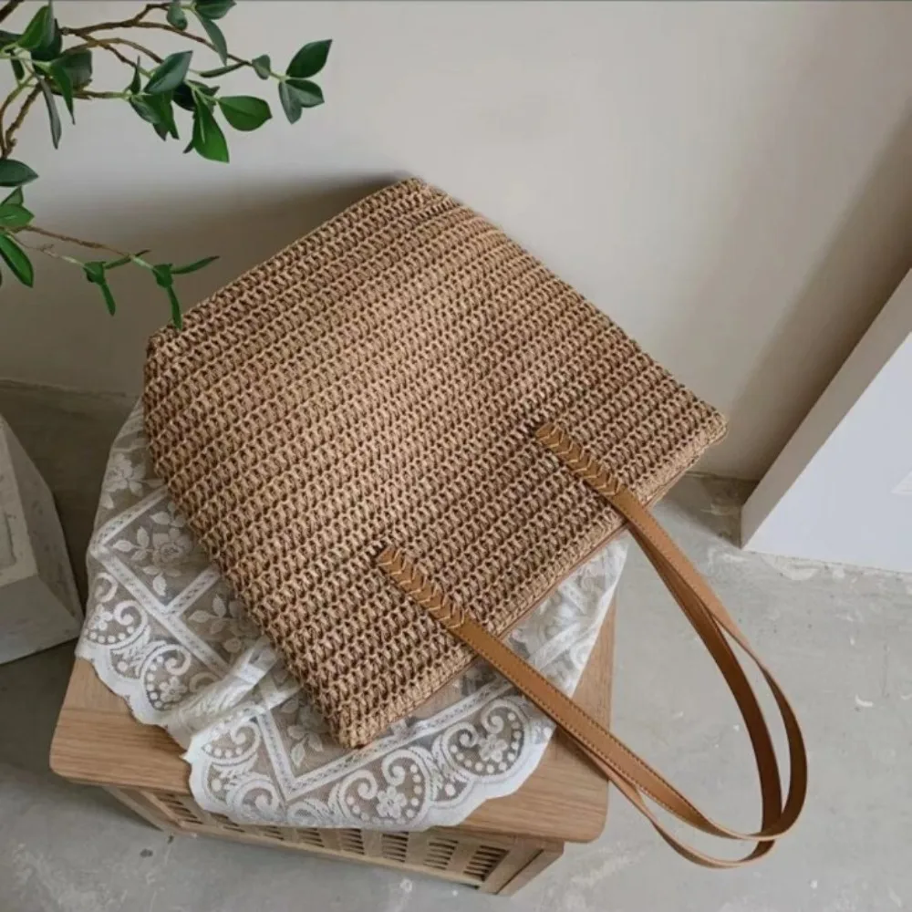 Summer Woven Shoulder Bag Women Beach Shoulder Bag Female Straw Knitted Handmade Large Capacity Handbag Purse Travel Tote Bags