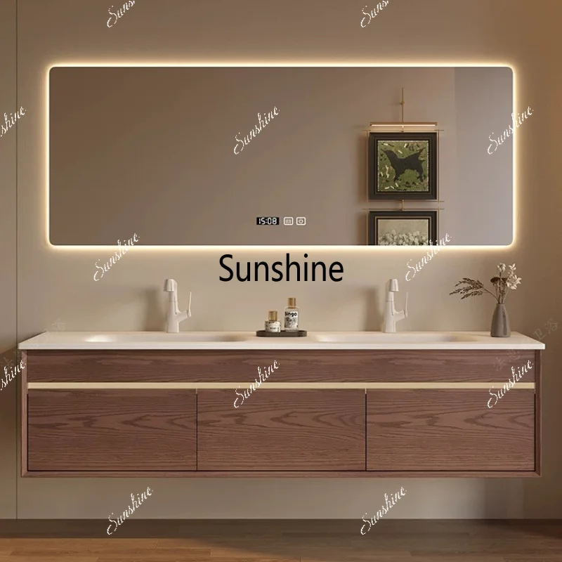 Medieval style double basin bathroom cabinet sink solid wood rock slab hot bending integrated