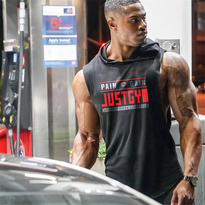 Men Hooded Stringer Tank Top Cotton Hooded Muscle Singlet Sleeveless Shirt For Gym Running Vest Bodybuilding Summer Sports Wear