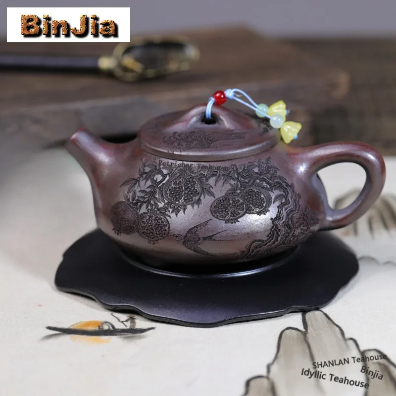 250ml Luxury Yixing Purple Clay Teapots Handmade Pomegranate Swallow Pot Raw Ore Iron Blood Red Sand Mud Kettle Zisha Tea Set