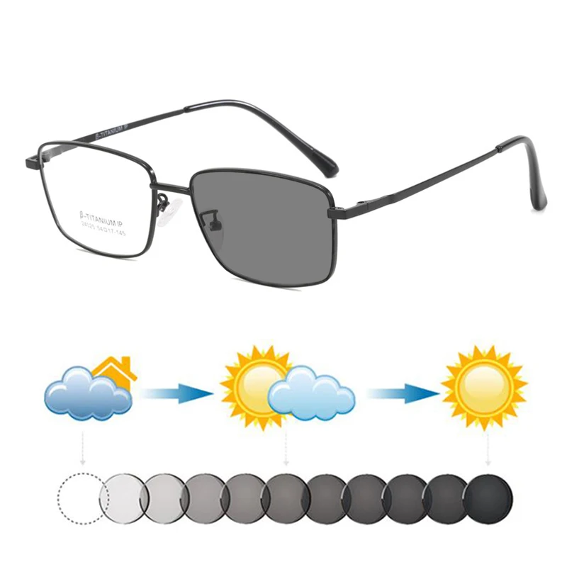 

New Ultralight Titanium Men Business Photochromic Rectangle Myopia Sunglasses Male Casual Nearsighted Sun Shades Sunnies Custom