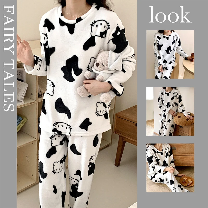 

Sanrio Hello Kitty Winter Warm Pajamas Set Girls Cute Cartoon Flannel Thickened Loose Korean Style Casual Winter Home Clothes
