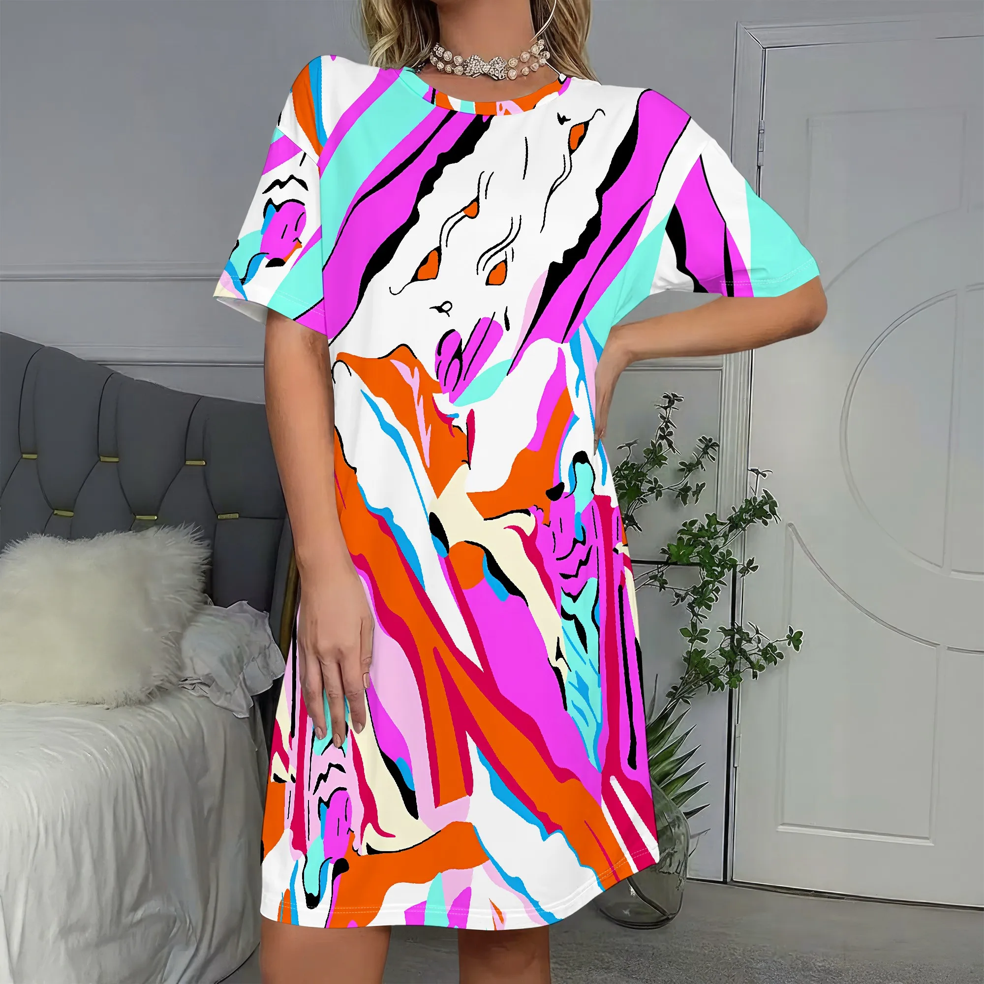 

Abstract Art Print, Short Sleeve Dress, Vibrant Swirls, Colorful Pattern, Casual Wear, S-2XL