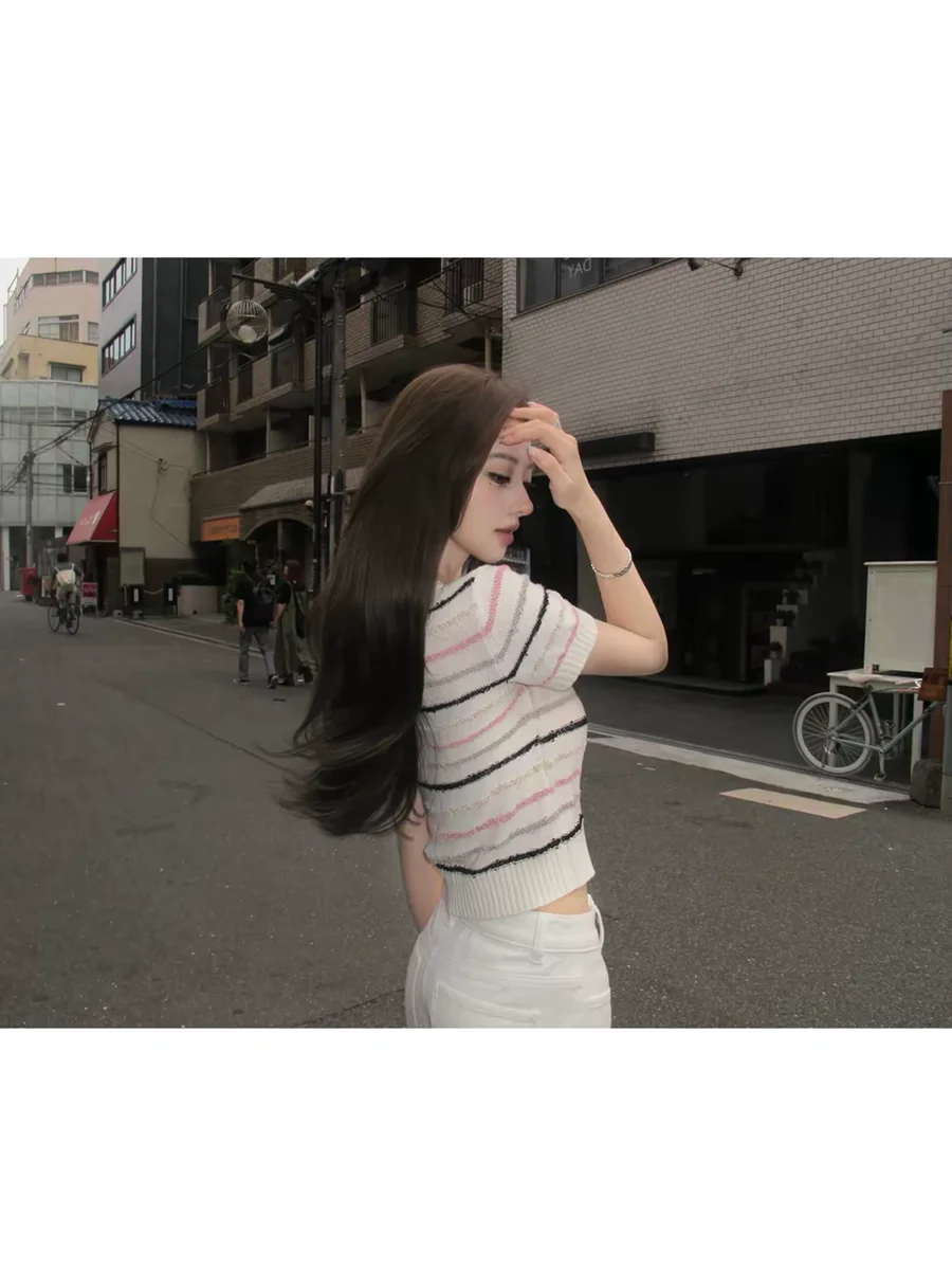Korean Style Women's Knitted Short Sleeve T-Shirt round Neck Breathable Light Weight Summer Top  Stripes Soft Fabric