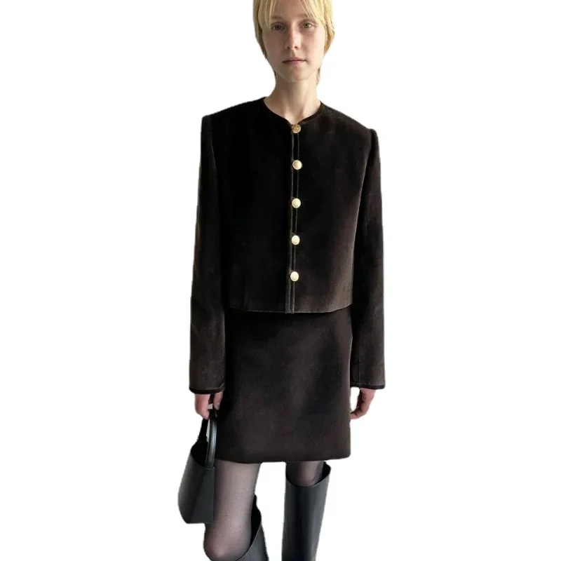 LC @-Dark Brown Single-breasted Round Collar Coat, New Elegant Skirt, Autumn and Winter 2024