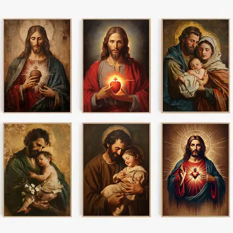 Vintage Sacred Heart of Jesus Holy Family Catholic Divine Light Religious Poster Canvas Painting Wall Art Pictures Home Decor