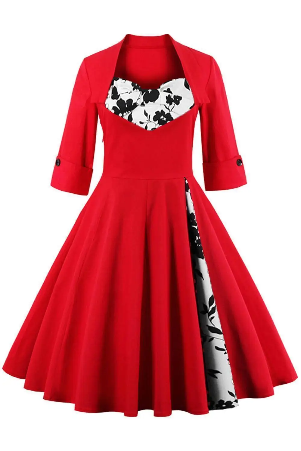 Rotes Damenkleid im Vintage-Stil mit floral bedrucktem Oberteil und 3/4-Ärmeln, Retro-Farbblock-Partykleid mit Knopf-Cuff FS0954