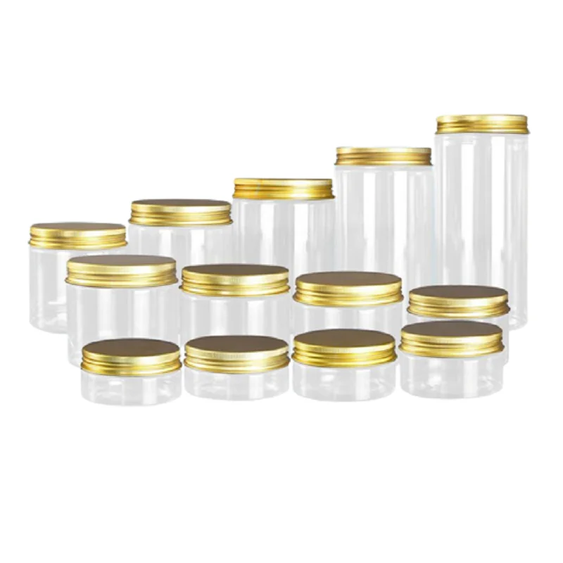 

Cosmetic Jars Transparent PET Plastic Pots Gold Aluminum Lid 50ml-500ml 68 Dia. Packaging Bottle Empty Cream Containers 15pcs