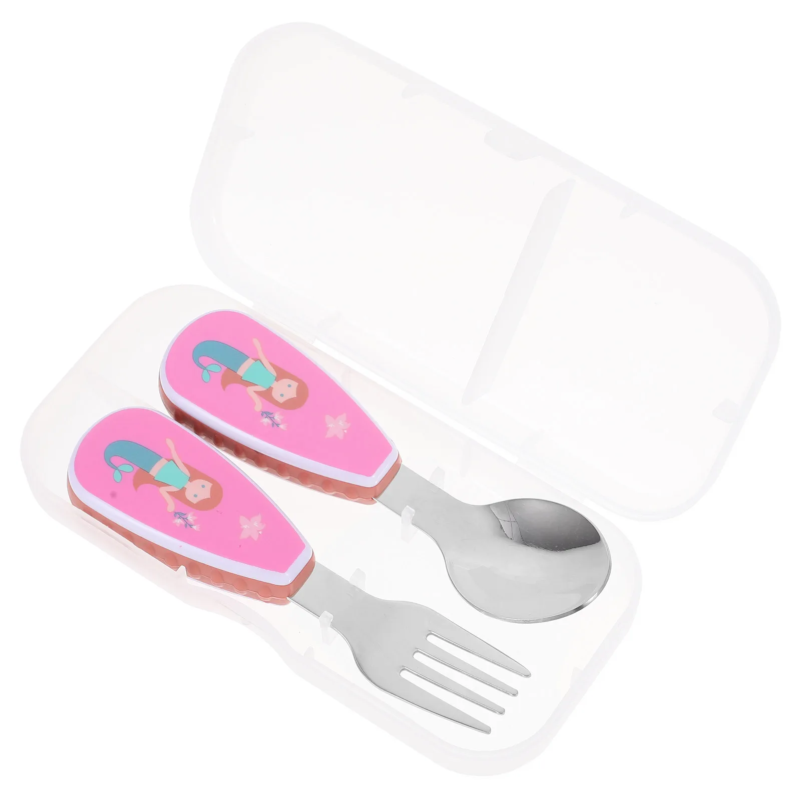 

1Set Infant Training Tableware Baby Spoon Fork Stainless Steel Plastic Cartoon Design Lightweight Short Handle Curved Head