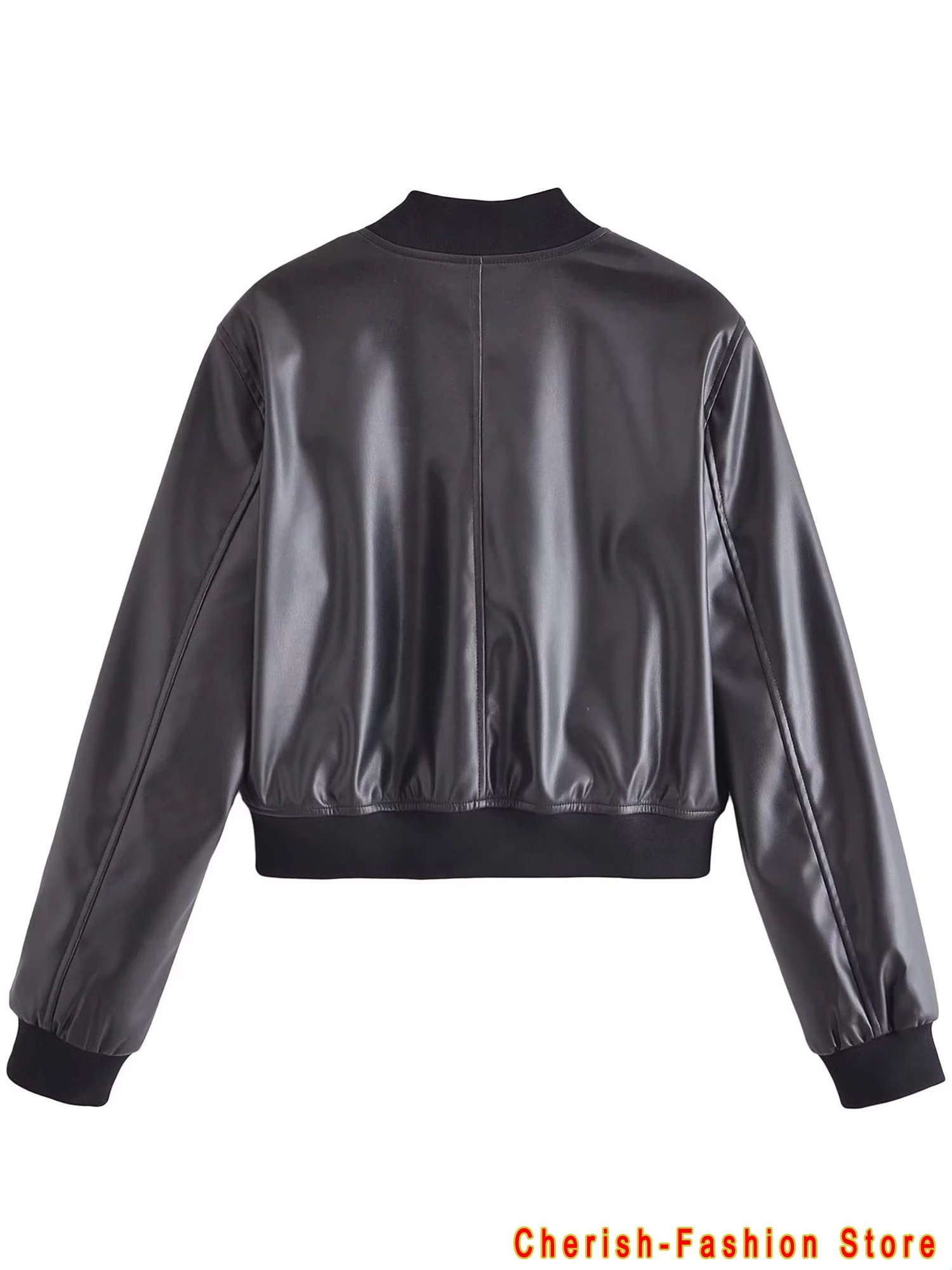 Women Fashion Faux Leather Cropped Bomber Jacket Coat Vintage Long Sleeve Front Zipper Female Outerwear Chic Tops Brand